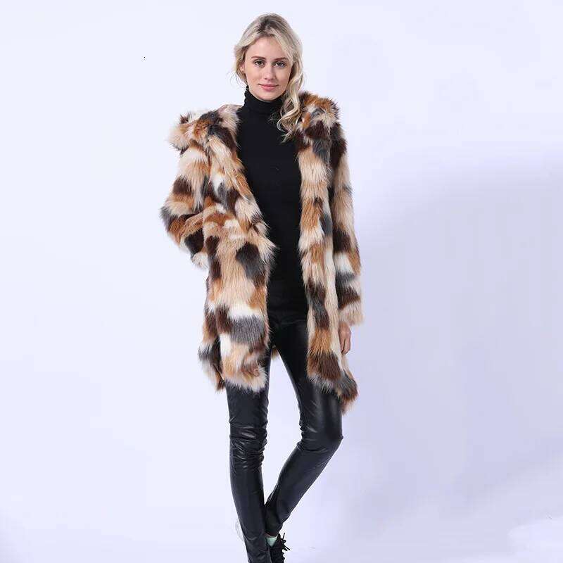 Imitation Fur Jacket European American Foreign Trade Medium and Long Women's Clothing Contrasting Colors To Keep Warm Autumn