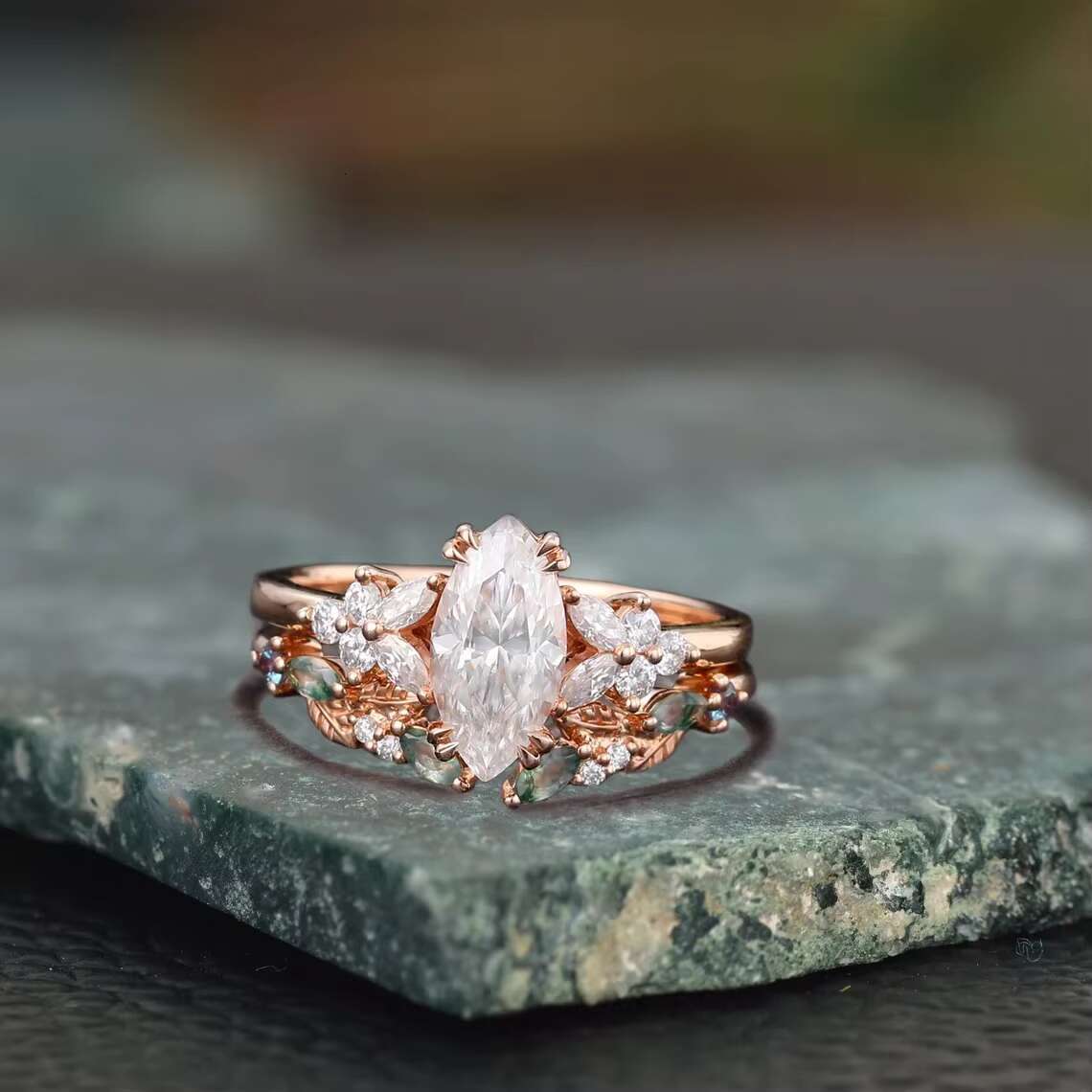 Vintage Style Premium Rose Gold Marquise Cut Moissanite Diamond Studded Rings for Bridal Anniversary Gifting Options