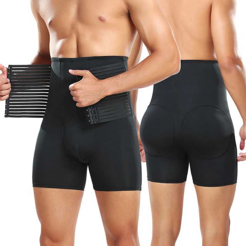 Men Compression Shorts Hi-Waist Tummy Control Boxer Waist Trainer Padded Panty Shapewear Sexy Ass Underwear with Pouch for Balls W250616