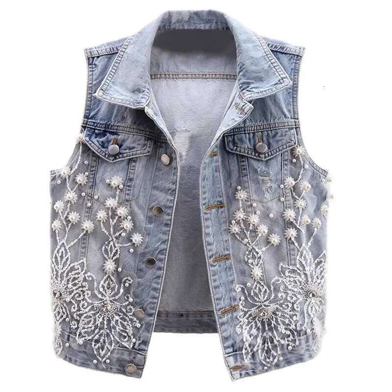 New Fashion Beaded Denim Vest For Women Haruku Trendy Vintage Short Sleeveless Ripped Jean Jackets Coat