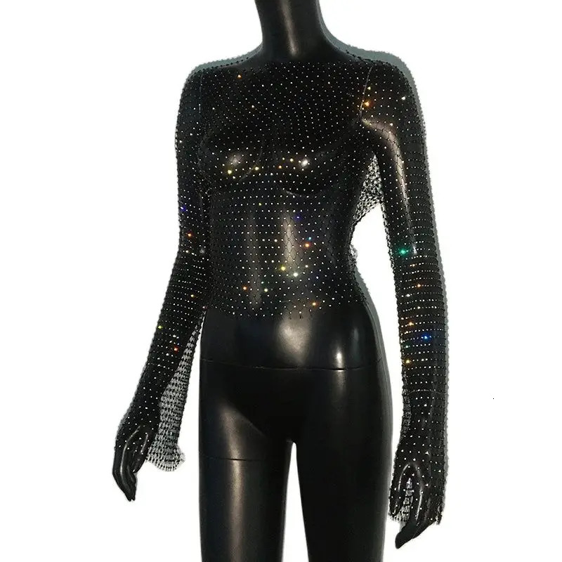 Sexy See Through Mesh T Shirt Glitter Rhinestone Fishnet Hollow Out Long Sleeve Crop Top Women Rave Party Club Base Shirt Tops 250614