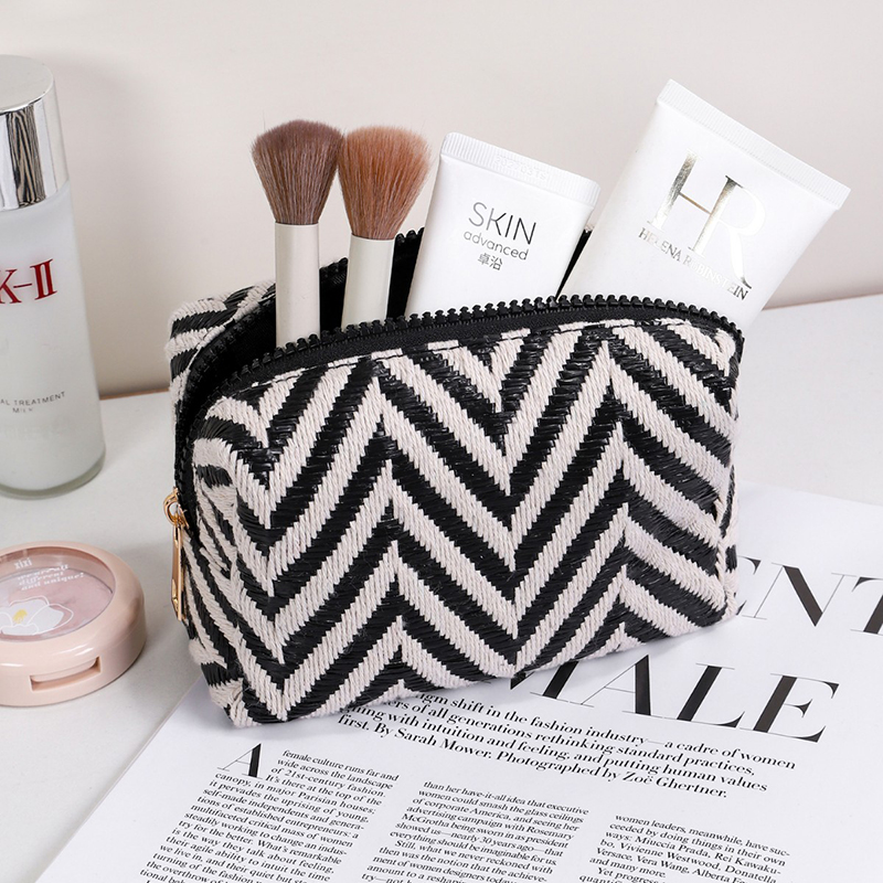 5pcs Cosmetic Bags Women Polyester Striped Ripple Printing Large Capacity Solid Travel Storge Bag