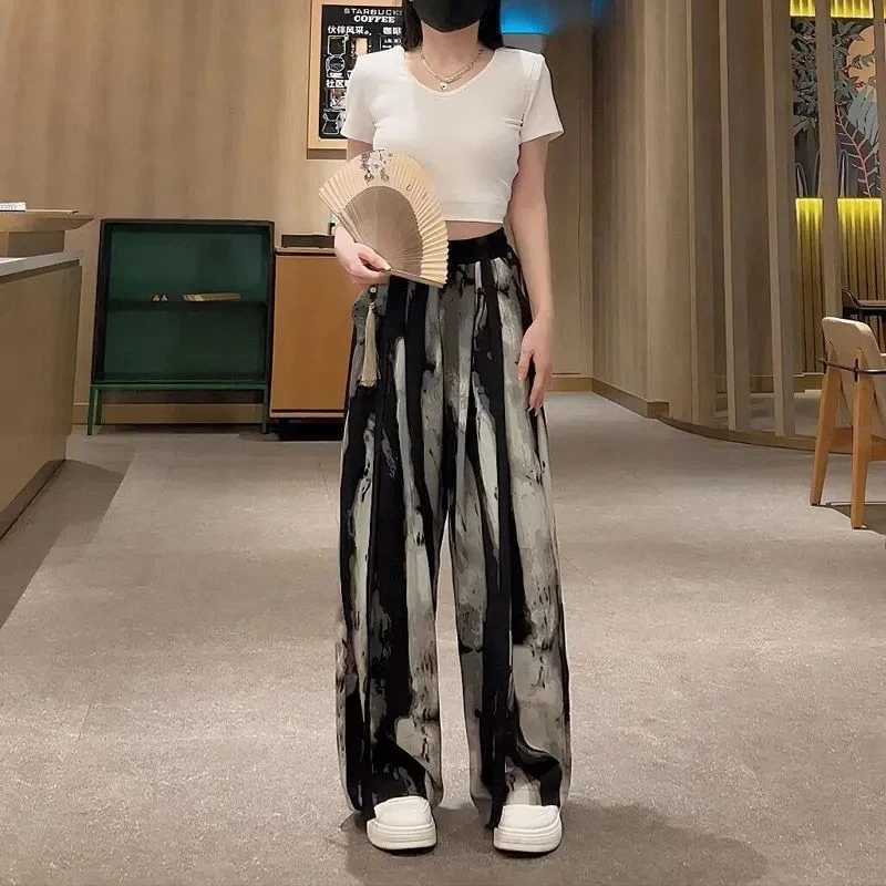 Womens Thin Casual Ice Silk Chiffon Wide Leg Pants 2025 Summer New Style Strap Drop Straight Tube Floor Trousers Korean WomenXJ250616