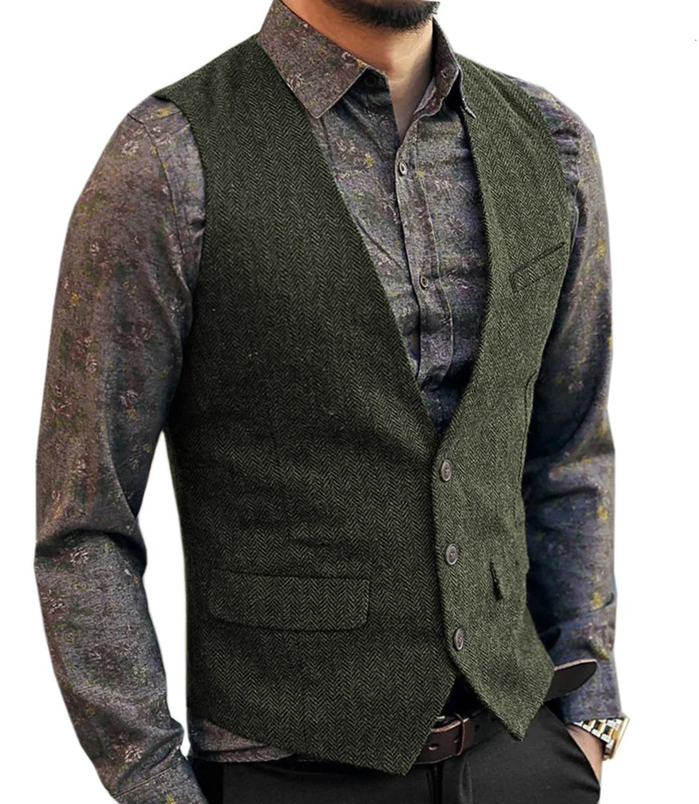 Deep V-Neck Suit Vests Classical Formal Business Herringbone Wood Waistcoat Slim Fit Mens Vest For Wedding 250614
