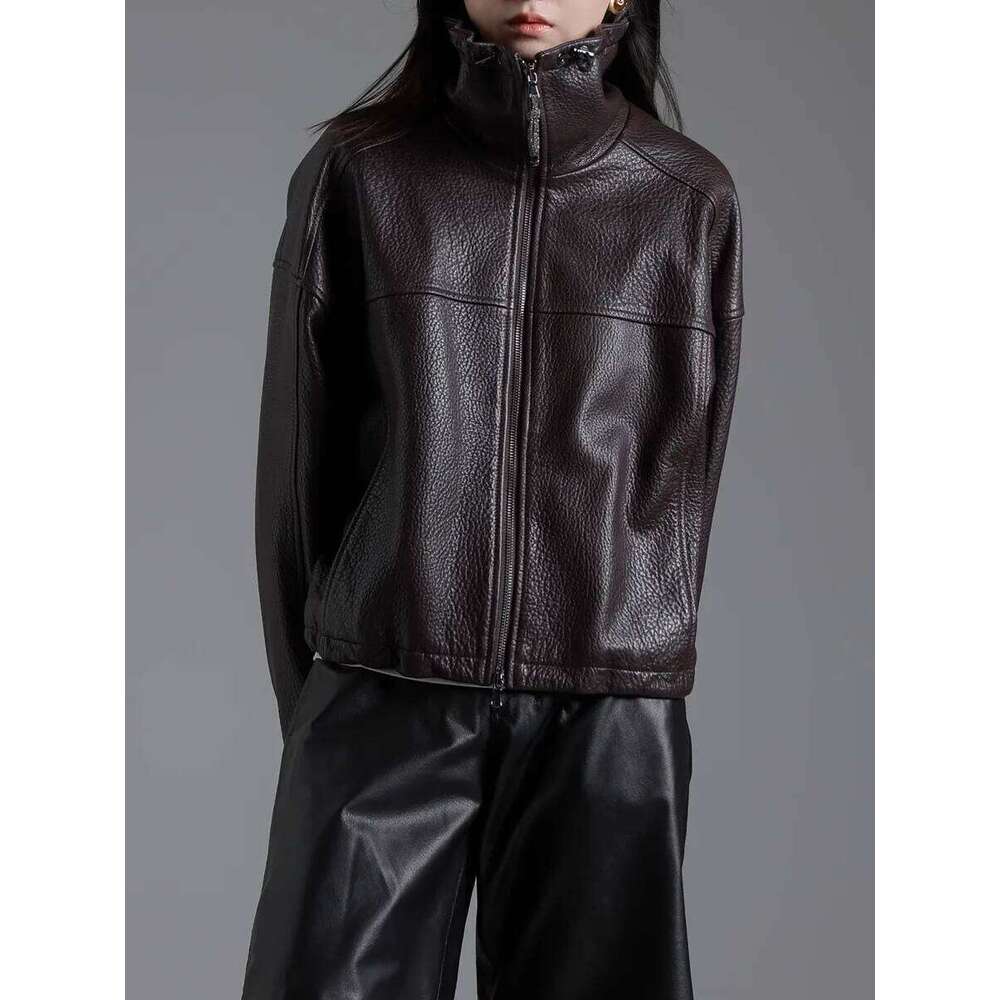 Lautaro Spring Autumn Cool Waterproof Short Brown Pu Leather Jacket Women with Long Raglan Sleeve Zip Up Designer Clothes