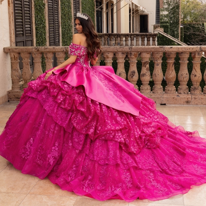 Rose Red Shiny Quinceanera Dresses Ball Gown Off The Shoulder Applique Lace Beading Crystal Tull Sweet 16 Dress Vestidos 15 De Anos