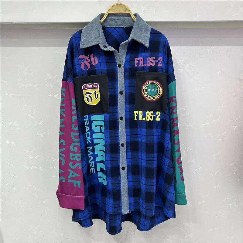 WTHT Trendy Women's Patchwork Contrast Color Plaid Print Design Loose Shirt 2025 Spring New Long Sleeves Blouse Female 1LS1002