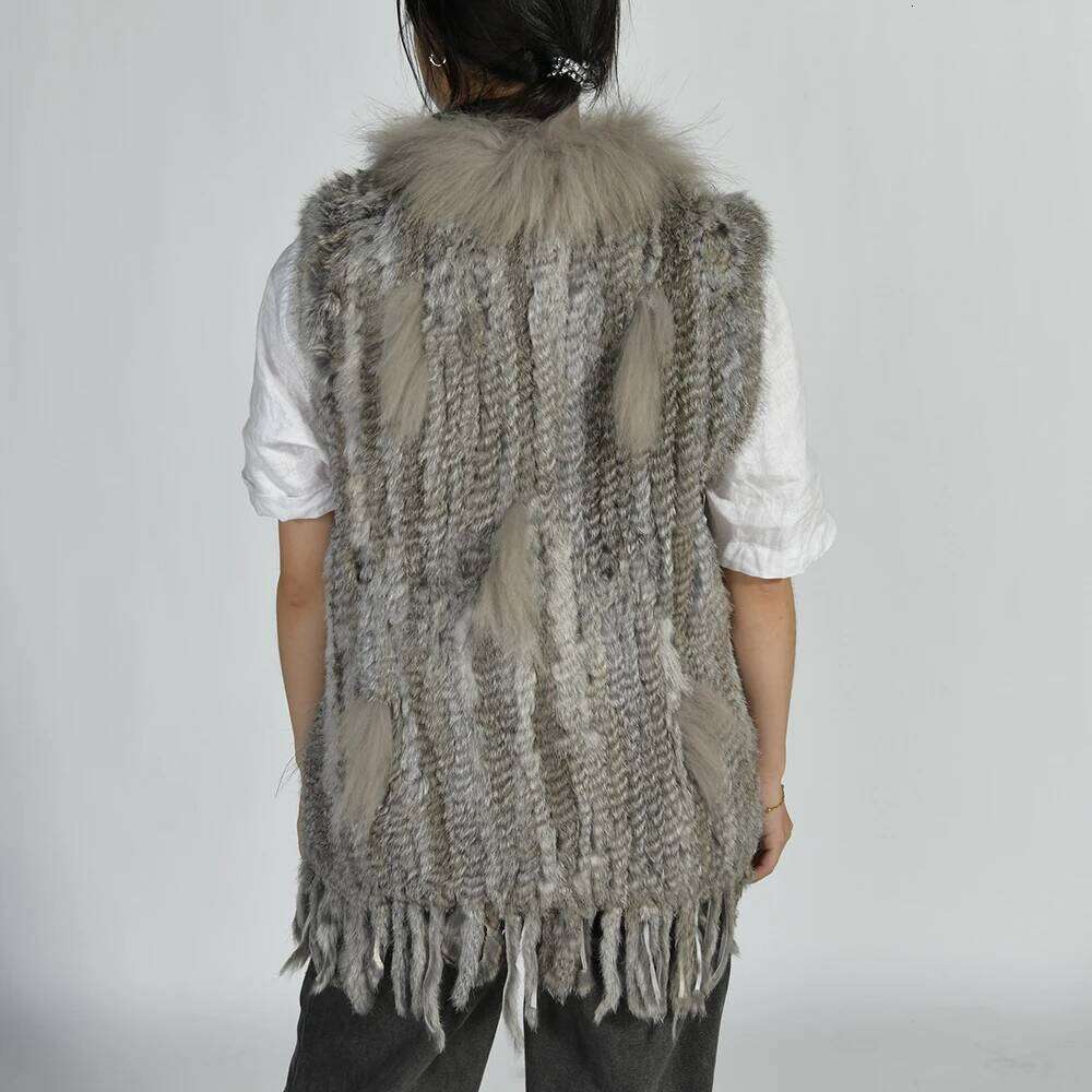 Jxwatcher Women's Real Rabbit Knitted Vest with Tassel Natural Warm Sleeveless Coat Ladies Genuine Fur Gilet New Arrival