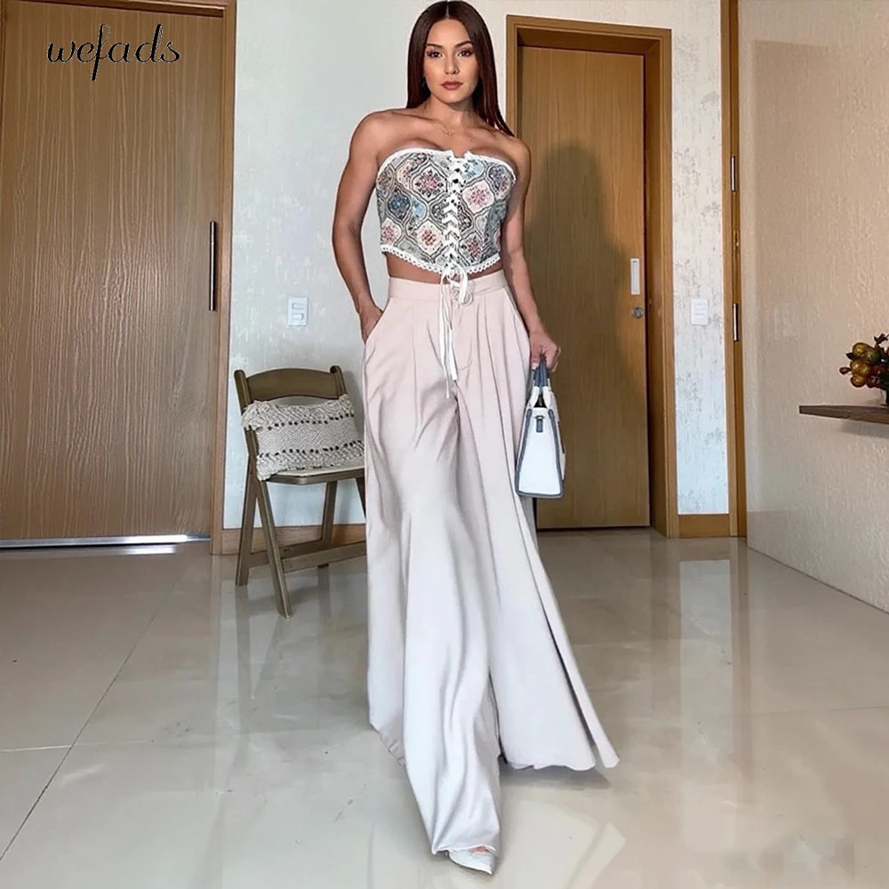 Wefads Women Set Sleeveless Strapless Tops Wide Leg Pants Two 2 Piece Hole Hollow Out Summer Sexy Street Tracksuit 250612