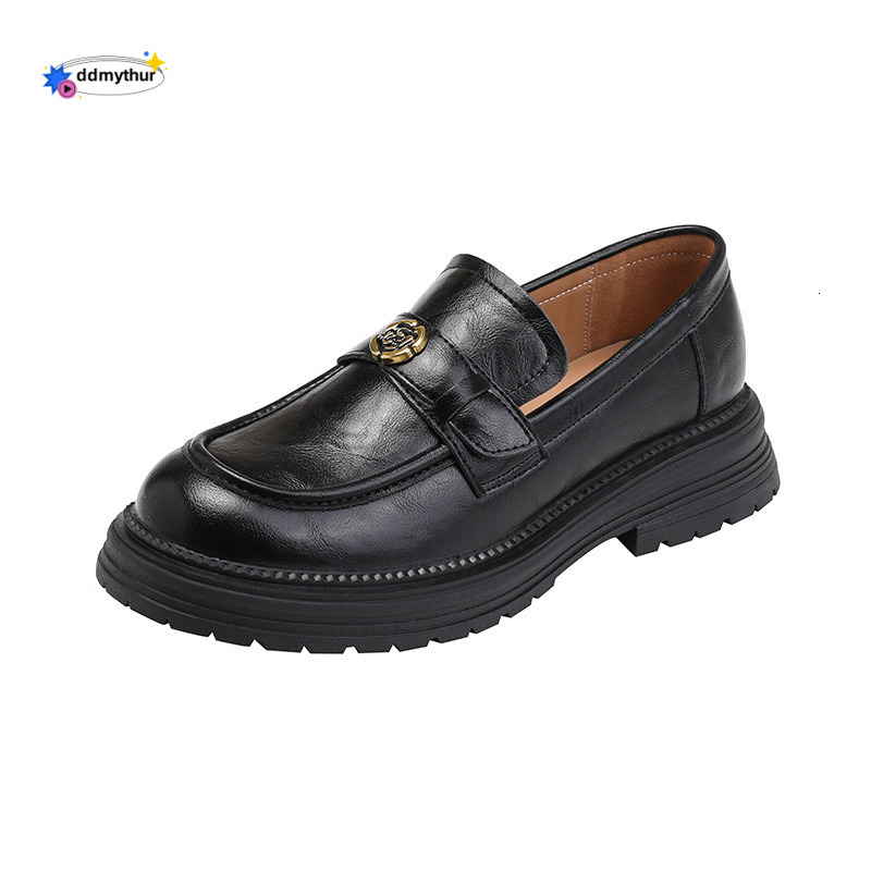 French Style Soft Cowhide Black Camellia Loafers Spring and Autumn Slip-On Thick Sole Women's Shoes ddmythur