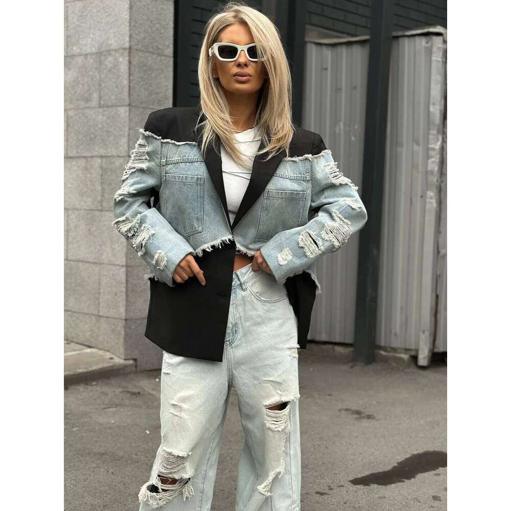 2024 clothing blue Contrasted Color Patchwork Blazer coat Women's Autumn Outer Wear Long Sleeve Denim Jacket Female