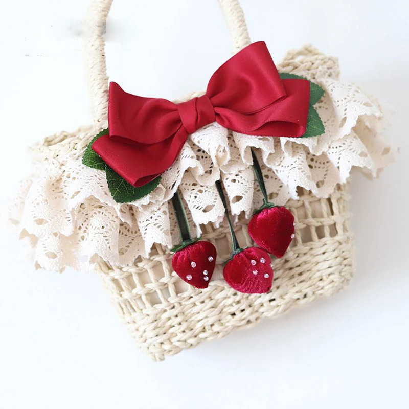 INS Style Children Girls Handbags Summer Beach Bag With Cute Strawberry Bowknot Handmade Woven Bags Kids Small Basket 250615