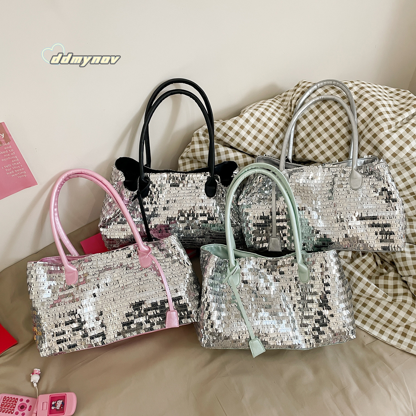 Korean Style Fashionable Chic Tote Bag for Women 2025 Summer Niche Sequin Versatile Large Capacity Shoulder Handbag Trend ddmynov ddmynov
