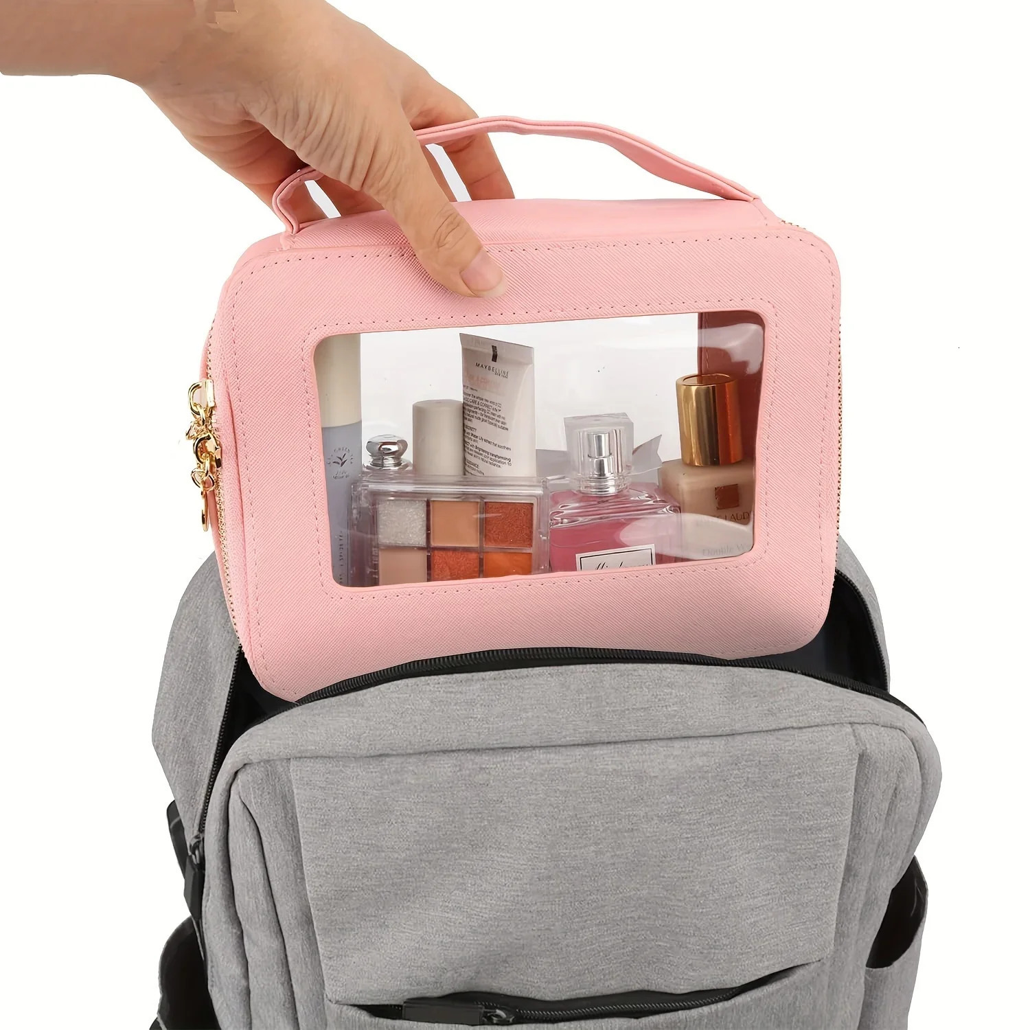 Minimalist Solid Color Makeup Handbag with Clear Window Lightweight Zipper Toiletry Wash Bag for Travel 250614