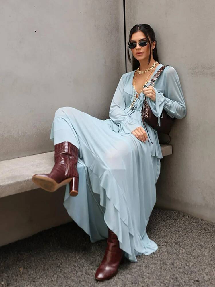 Designer Ruffles Shirt Skirt Suits Women V-Neck Lace Up Flare Long Sleeve Tops High Waist Irregular Hem Skirts Chic Ladies Sets