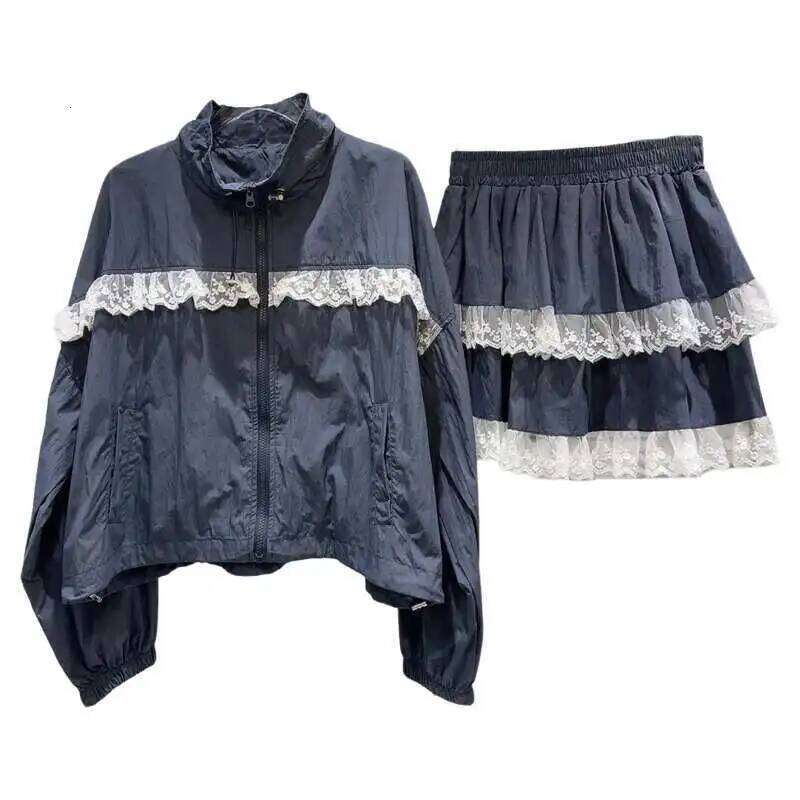 DEAT Fashion Two-piece Set Lace Edge Patchwork Jackets Female High Elastic Waist Short Cake Skirt For Women 11A03677