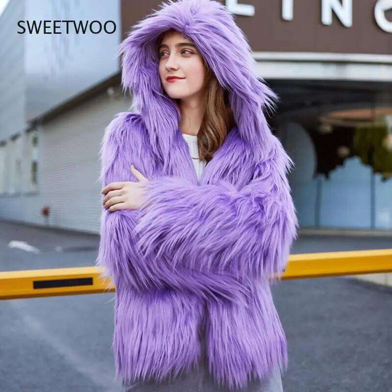 Fluffy Faux Fur Coat with Hood Women Winter Loose Plush Purple Grey Green Red Jacket Ladies Chic Fashion Parka Outwear