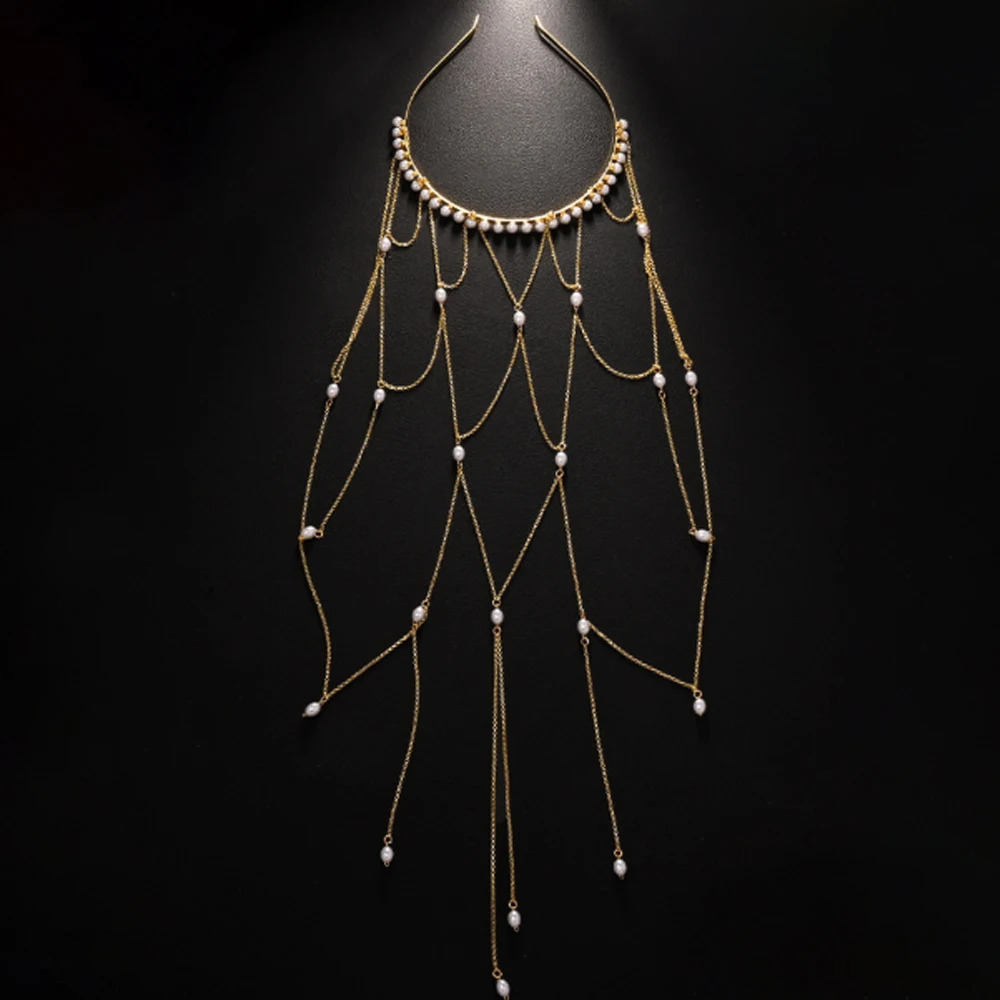 Stonefans Long Tassel Mesh Headband for Woman Press with Stones Elegant Pearl Headbands for Girls Wedding for Bride 250610