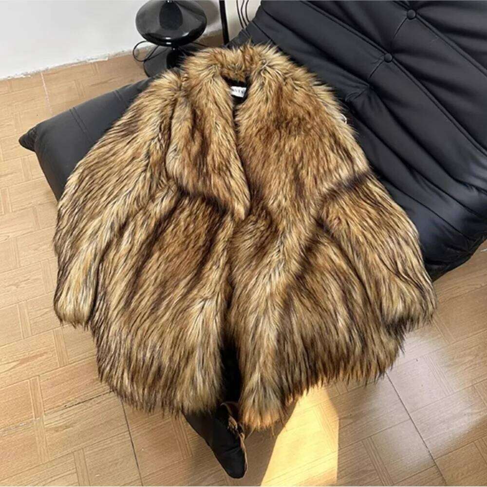 Winter Gradient Gold Brown Hairy Shaggy Raccoon Faux Fur Coat Women Lapel Furry Midi Long Loose Oversized Outerwear