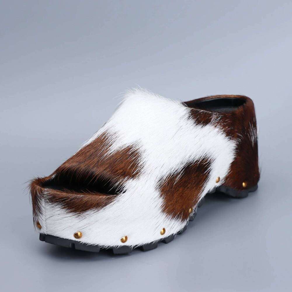 2025 Women Designer Platform Mules Real Calf Hair Leather Lined Slip On Clogs Slides Sandals Summer Fashion Comfort Shoes