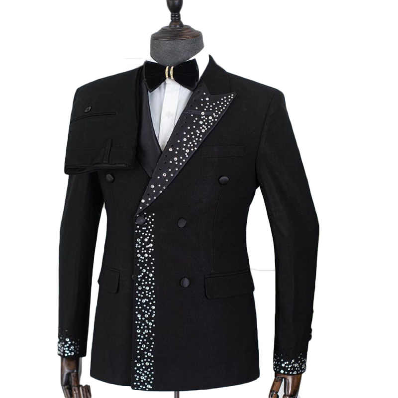 New Fashion Tuxedo Suits Sparkly Crystals Beaded Groom Wedding Suits Double Breasted Jacket Pants 2 Pieces Formal Man Party Tuxedos Customized Blazers