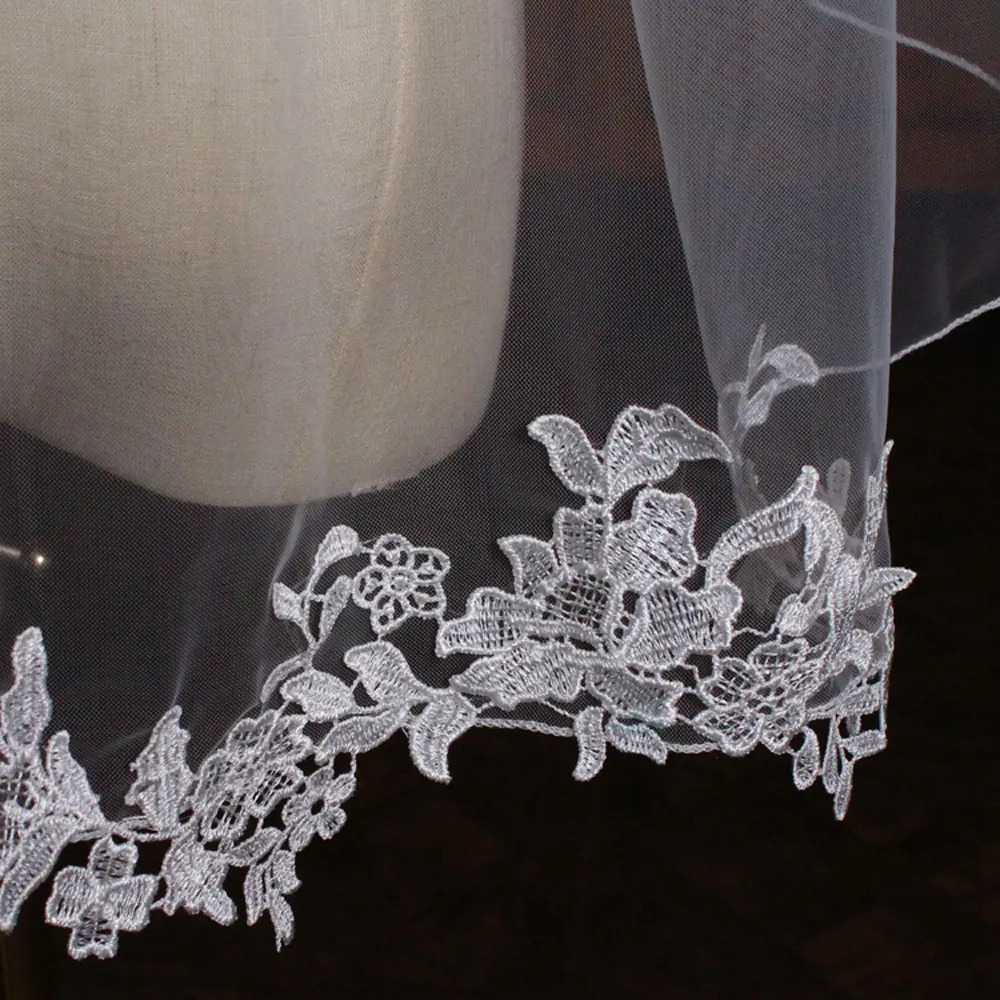 V843 Elegant Bridal Veil One-Layer Plain Tulle Lace Appliqued White Fingertip Brides Headdress Veil for Wedding Dress 250610