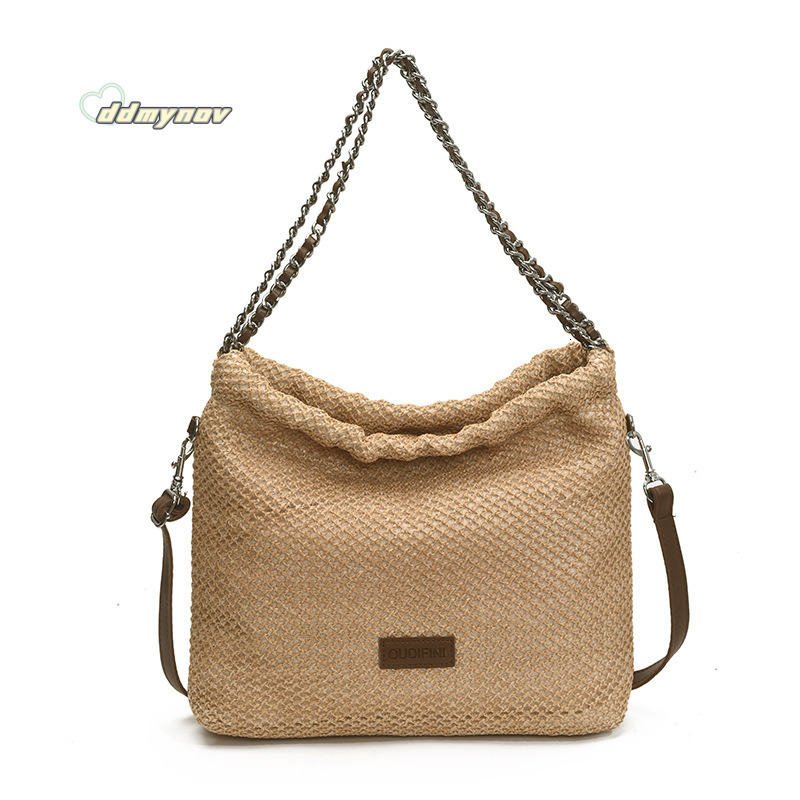 Summer Niche Lazy Style Straw Tote for Women 2025 Simple Casual Woven Chain Shoulder Crossbody Bag Trend ddmynov