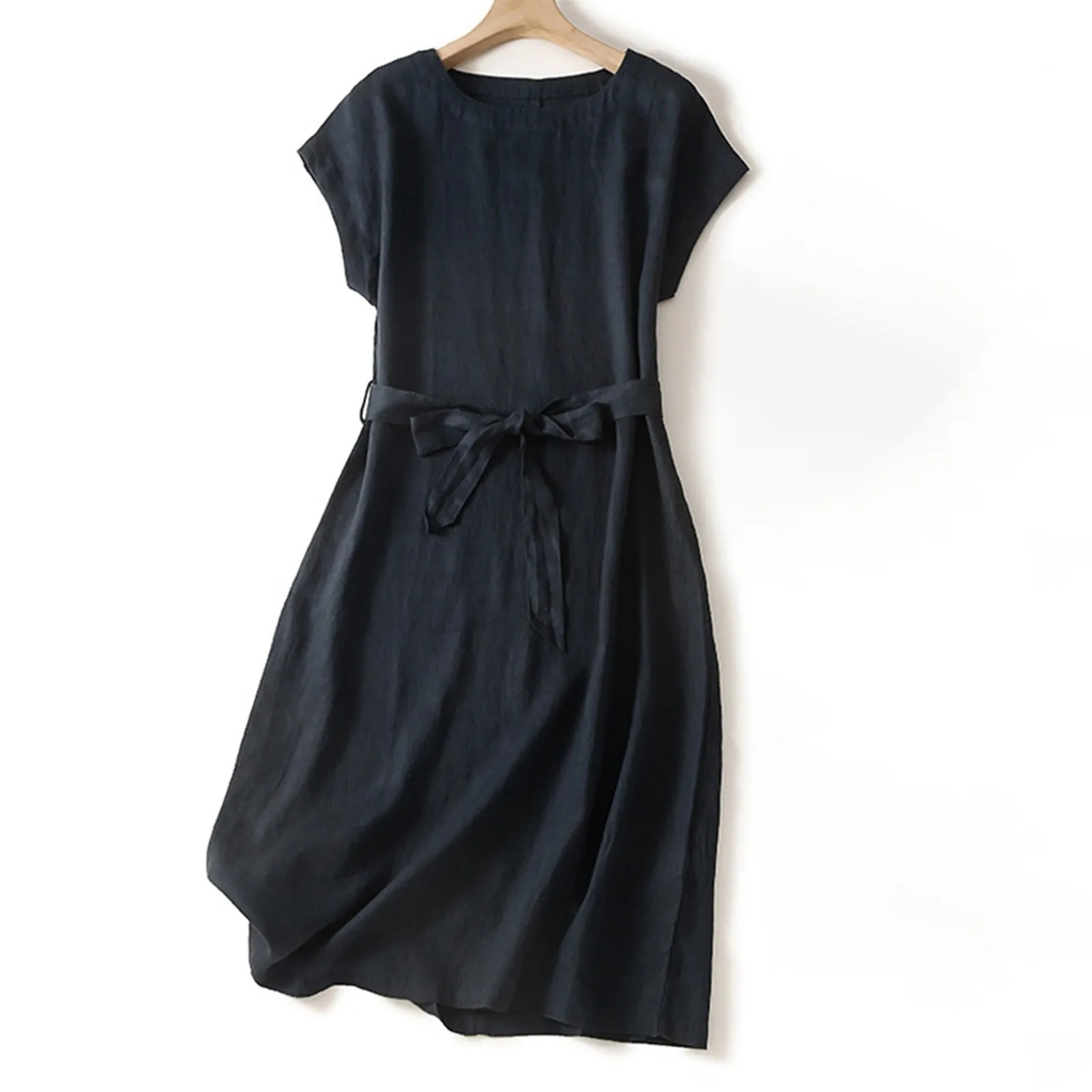 Dress For Women Casual Summer Vintage Cotton Linen Simple Maxi Dresses Short Sleeve Bowknot Strap Elegant Dresses 250611