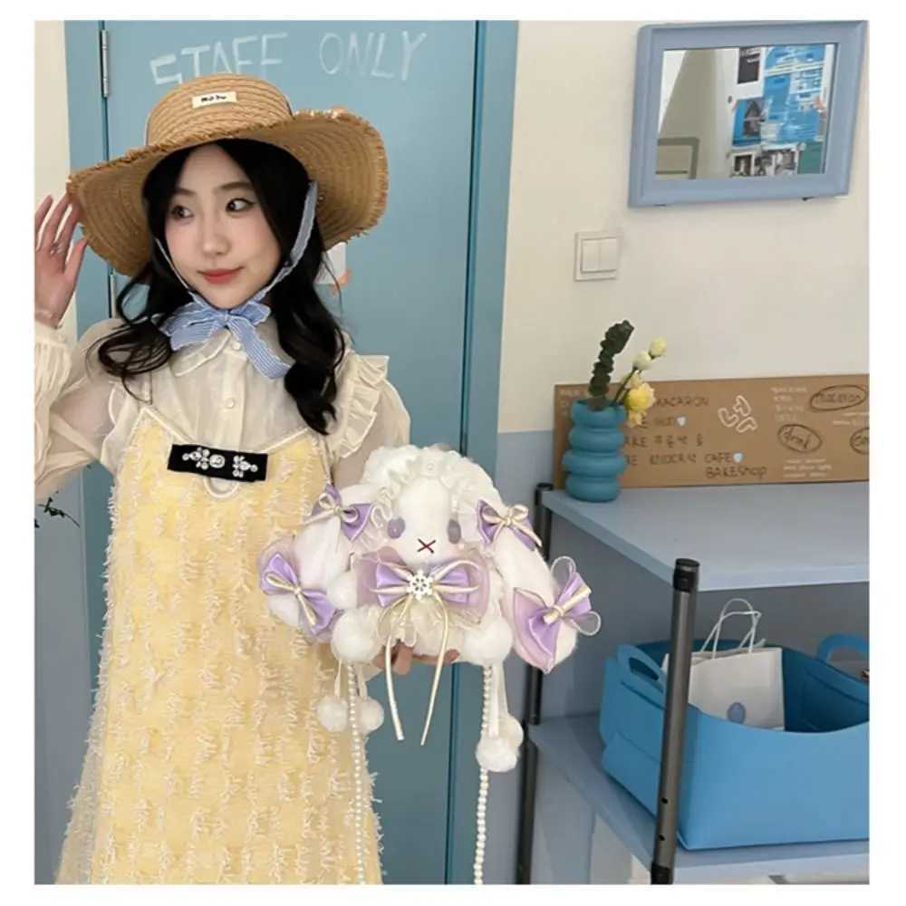 Cute Long-eared Rabbit Plush Bag Bunny Lolita Kawaii Shoulder Bag Sweet Princess Crossbody Bags Pearl Chain PurseXJ2520616