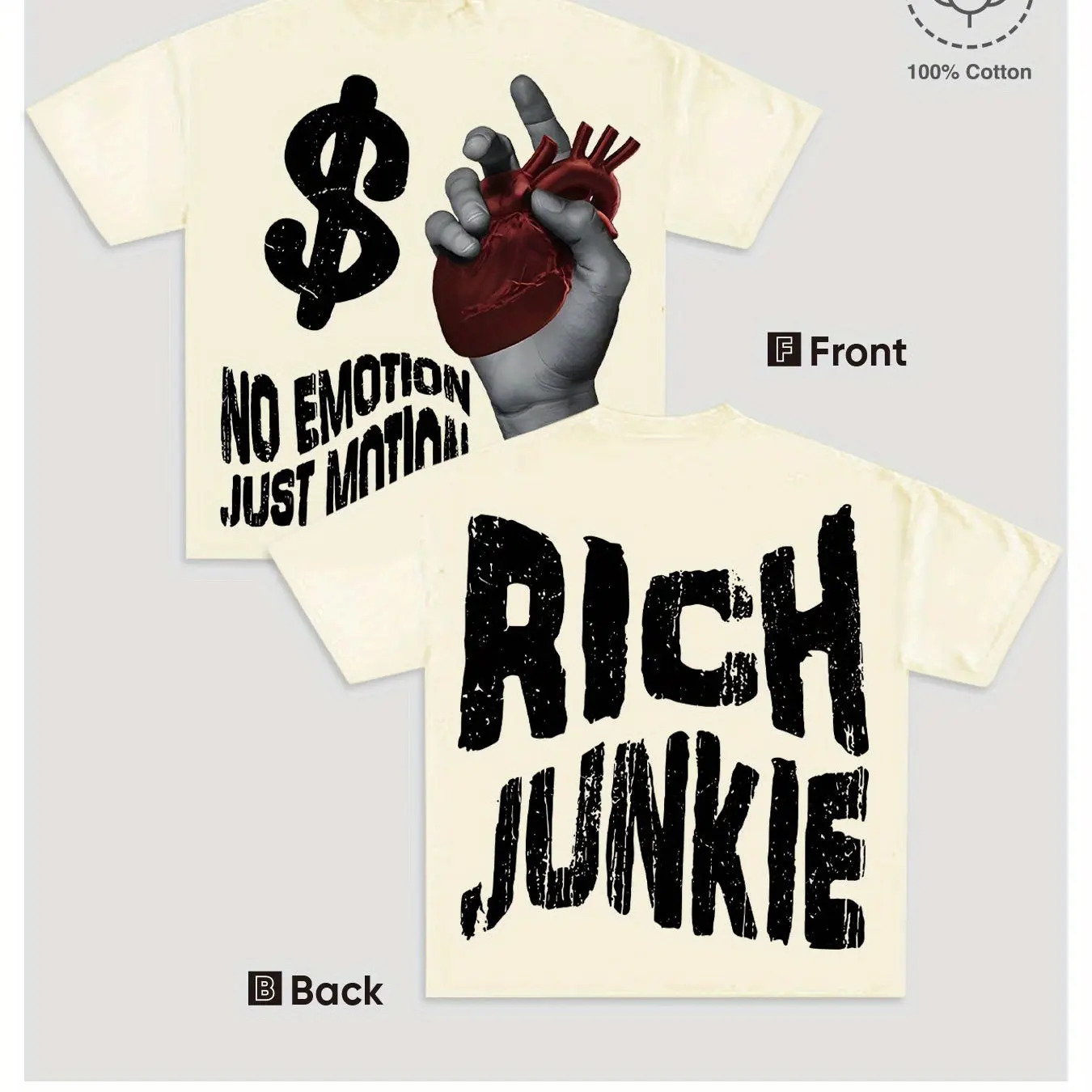 Home Relaxation| Mens Y2K Style Rich Junkie No Emotion Just Motion Cotton T-Shirt - Dual-Sided Graphic Print 250614