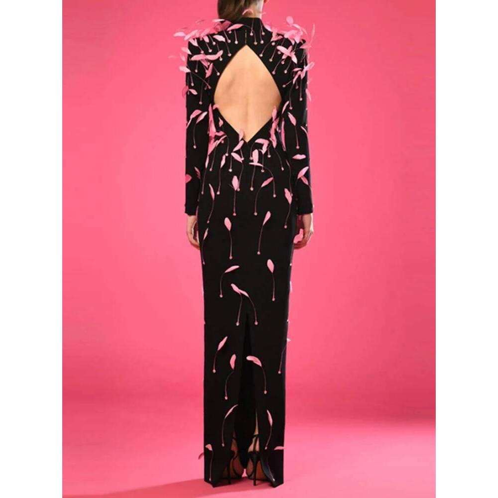 DEAT Elegant Dress Feathers Patchwork Backless Long Sleeve Split Women's Evening Party Dresses 2025 Summer New Fashion 35Z2527