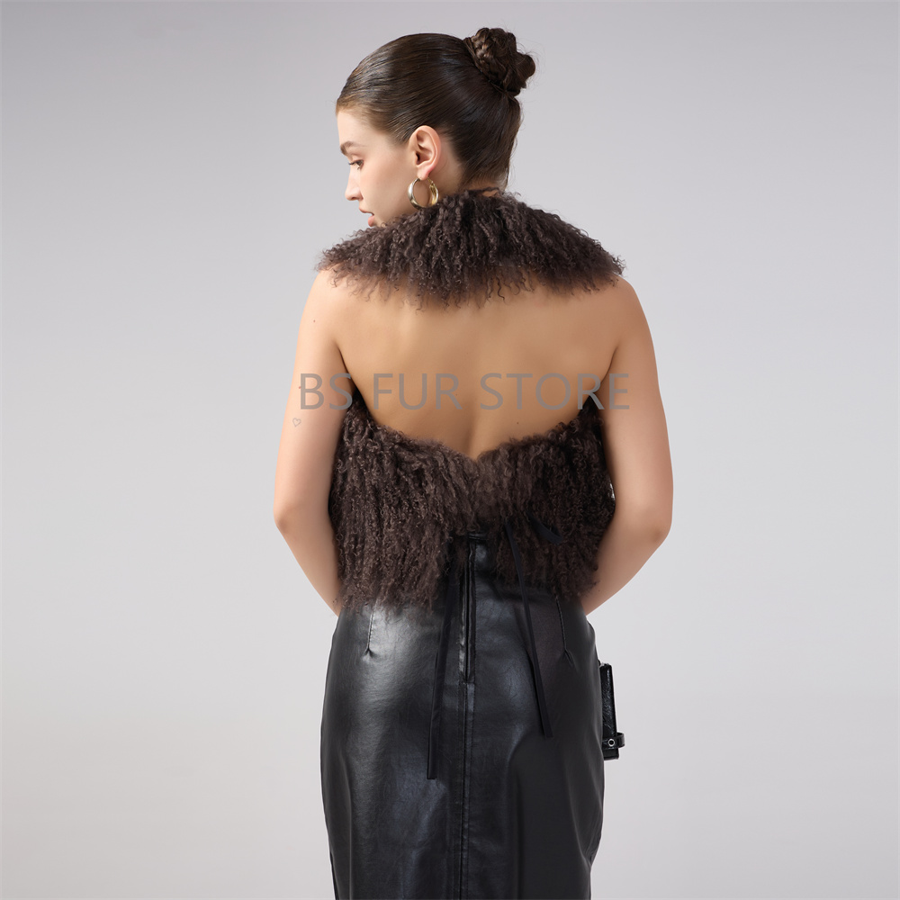 Sexy Midnight Real Mongolian Fur Waistcoat Woman Backless Crop Halter Vests Coat Deep V-neck Y2k High Street Brown Solid Tops