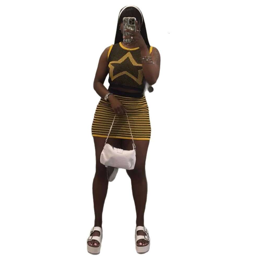 Summer New Knitted Fashion Personality Slim Sexy Bodycon Dress Vest Set B5 m8