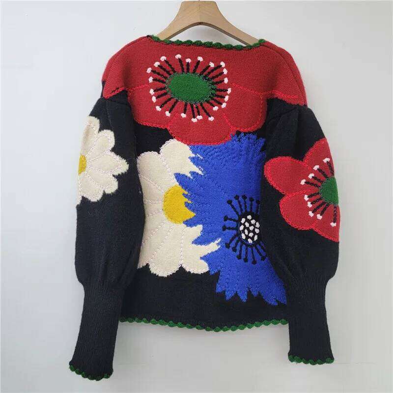 DEAT Women's Cardigan Contrast Color Knitted Flowers O-neck Retro Loose Lantern Sleeve Sweaters 2025 New Summer Fashion 29L9213