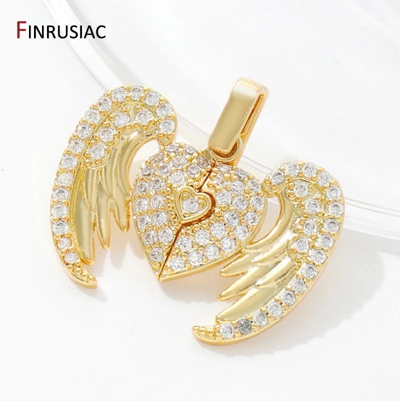 18K Gold Plated Brass Heart Pendant Charm For DIY Jewelry MakingInlaid Zircon Wing Charm DIY Necklace Accessories 250609