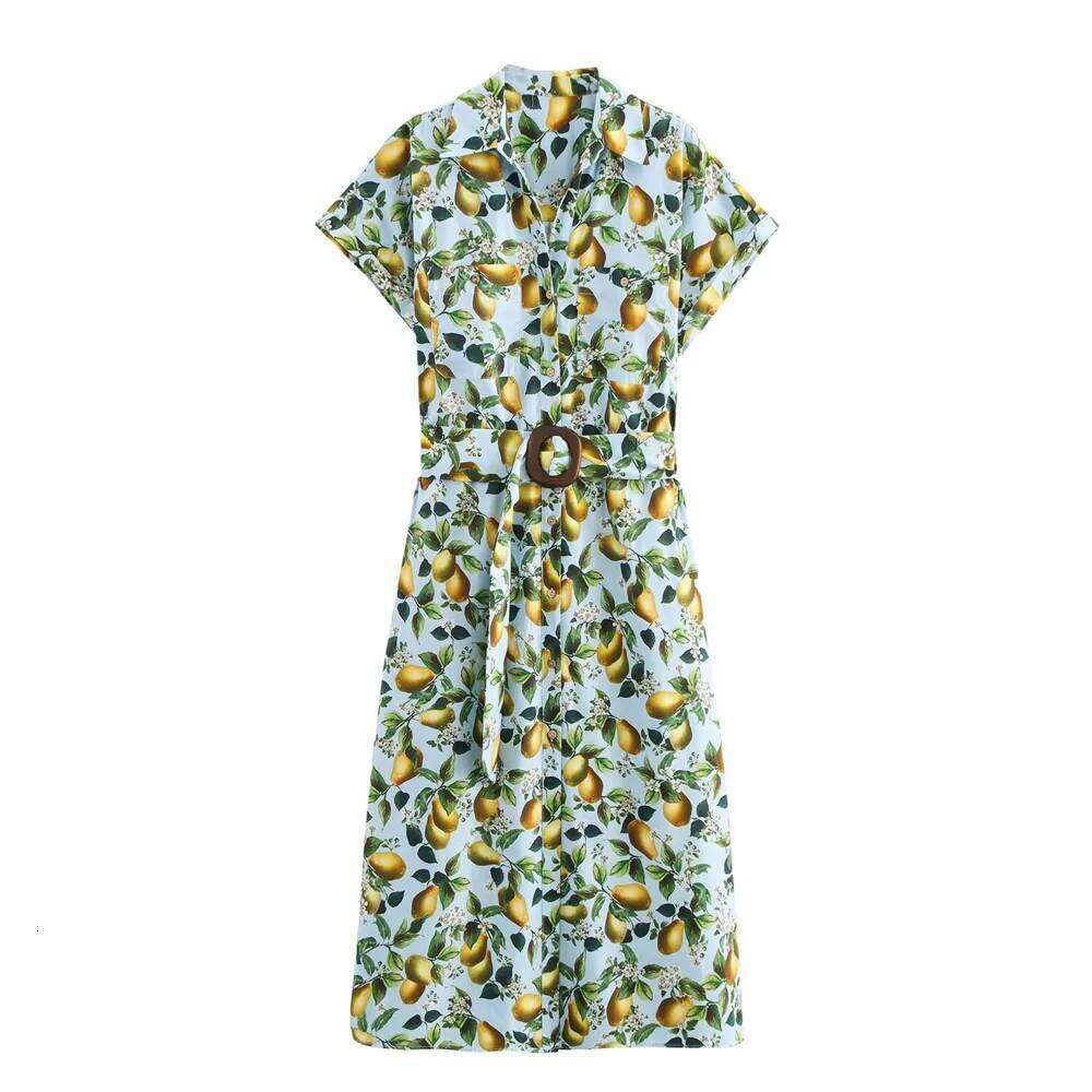 2025 Autumn New Product Women's Fashion Casual Collar Short Sleeve With Belt Fruit Printed Dress