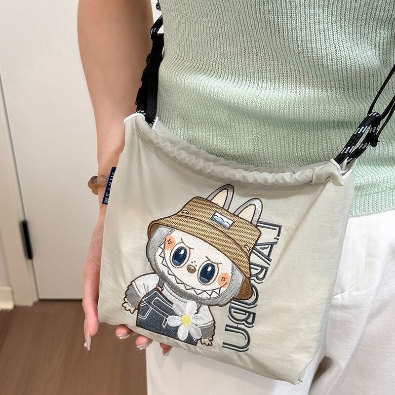 Cute Labubu Waist Embroidered Waterproof Nylon Crossbody Versatile Casual Shoulder Bag Daily Handbag