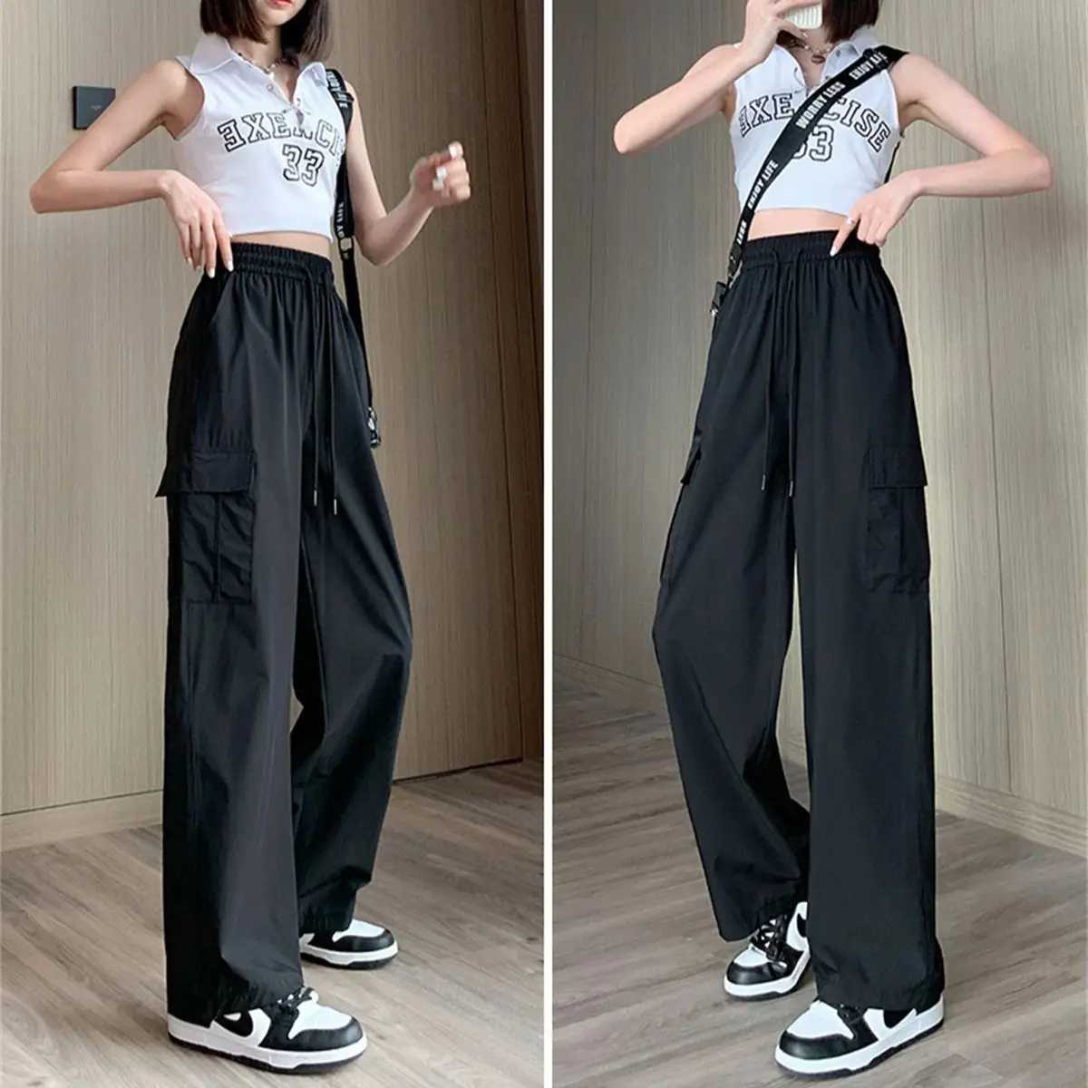 High Waist Baggy Cargo Pants Women Spring Summer Wide Leg Straight Solid Trousers Lady Casual Vintage Elastic Pant Streetwear XJ250616