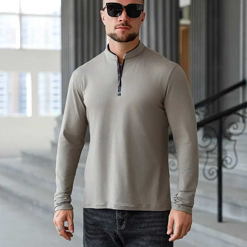 2025 New Mens Casual Fashion Zipper Solid Color Long Sleeve Polo Shirt Stand Up Collar Versatile Comfortable Top W250616