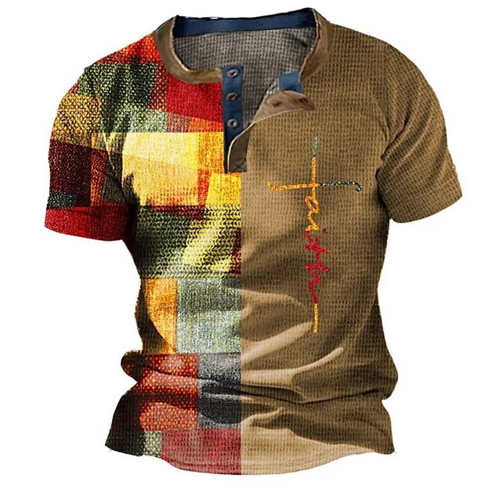 Fashion Henley Shirts 3D Color Splicing Print T-Shirts Casual Comfortable Loose Short Sleeve Tops Summer Street Vintage Clothes W250616