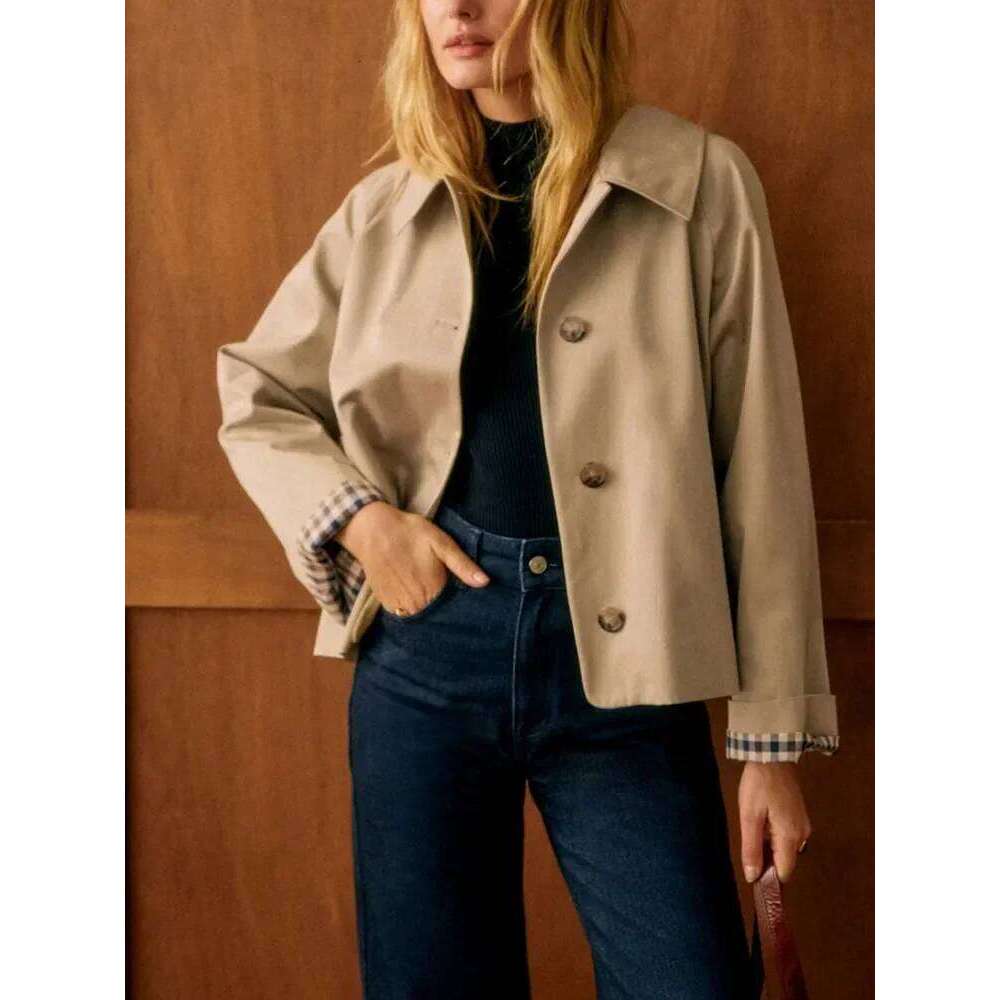 Single Breasted Women Short Trench Coat Interior Plaid Turn-Down Collar Lady Loose Windbreaker 2025 Spring
