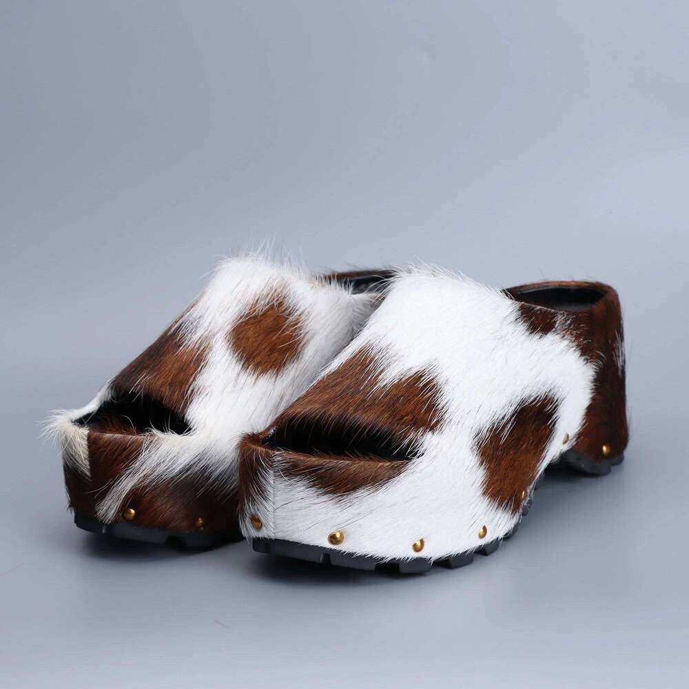 2025 Women Designer Platform Mules Real Calf Hair Leather Lined Slip On Clogs Slides Sandals Summer Fashion Comfort Shoes