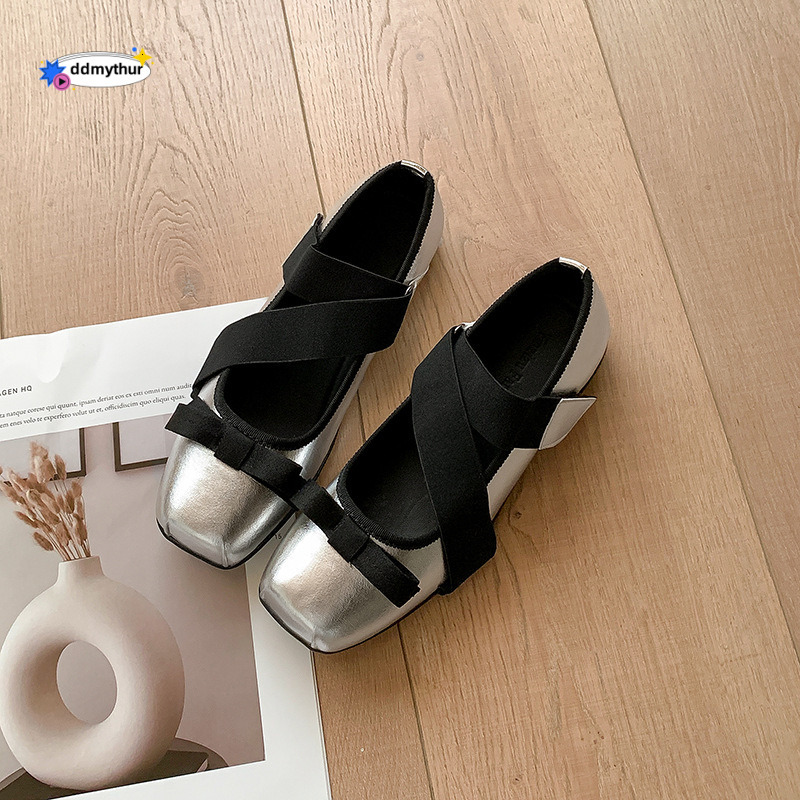 Genuine Leather Ballet for Women 2025 Spring Summer Cross Strap British Style Square Toe Bowknot Mary Jane Single Shoes ddmythur