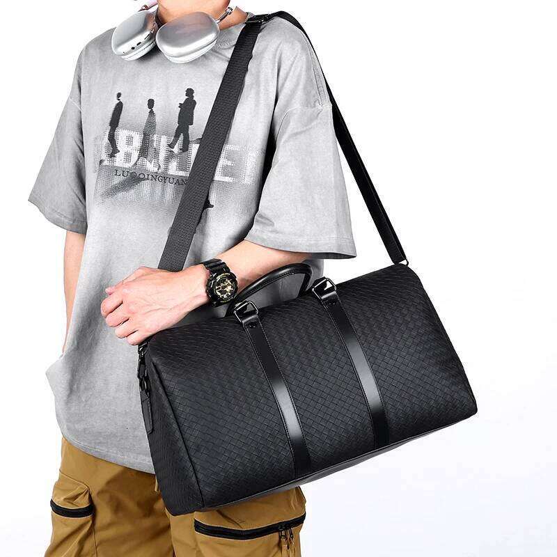 Large capacity black woven leather men's and women's travel handbag shoulder crossbody bag large size lage sac de voyage