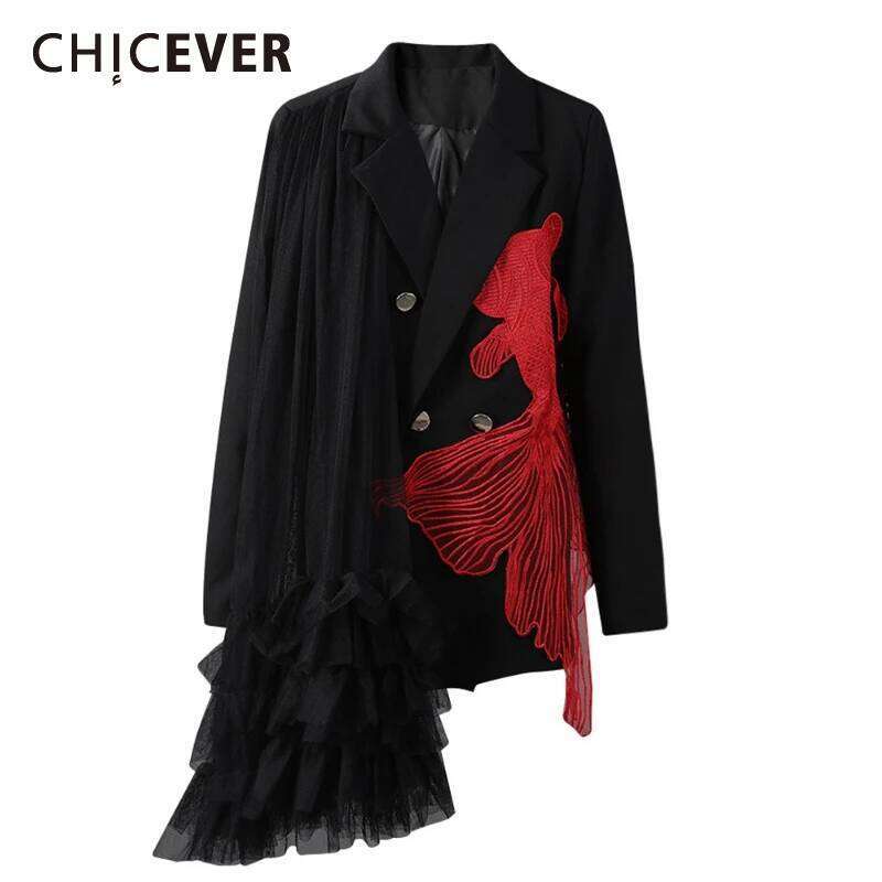 CHICEVER Hit Color Spliced Appliques Jackets for Women Notched Collar Long Sleeve Patchwork Tierred Designer Blazer Female Style