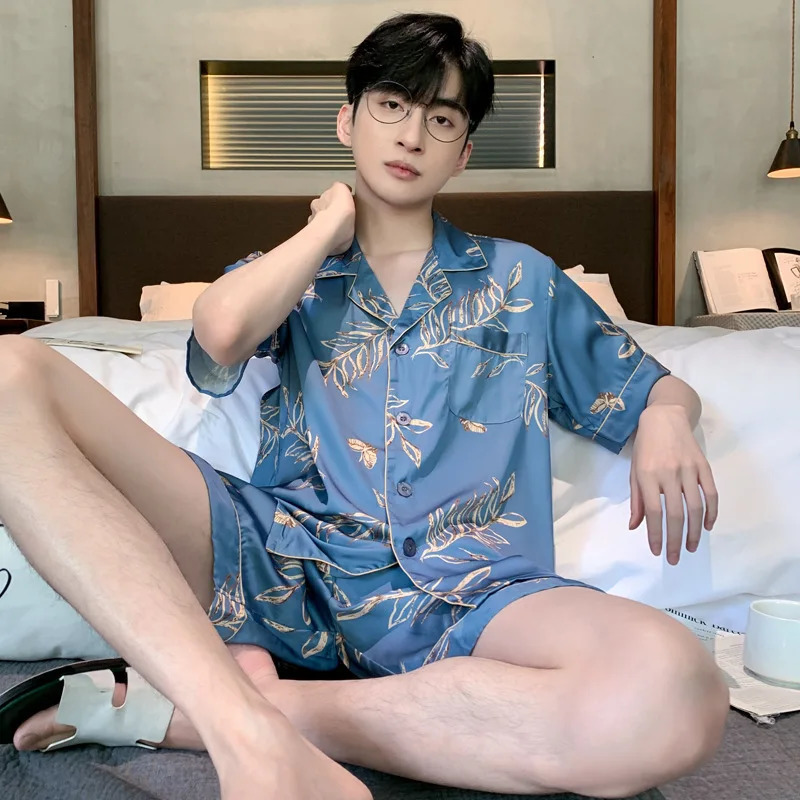 Ice Silk Pajamas Suit Men Spring Summer Typle Fashion Short Sleeve Polyester Loungewear Male Sleepwear Geentlemen Homewear 250614