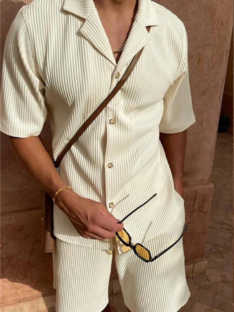 SpringSummer suit Solid color corduroy shorts sleeve shirt and stretch beach casual suit 250612