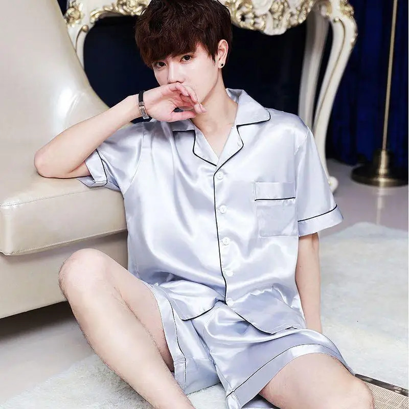 Summer Mens Ice Silk Pajamas Homewear Suit Thin ShortSleeved Shorts Loose Large Size Youth Fashion Leisure 250614