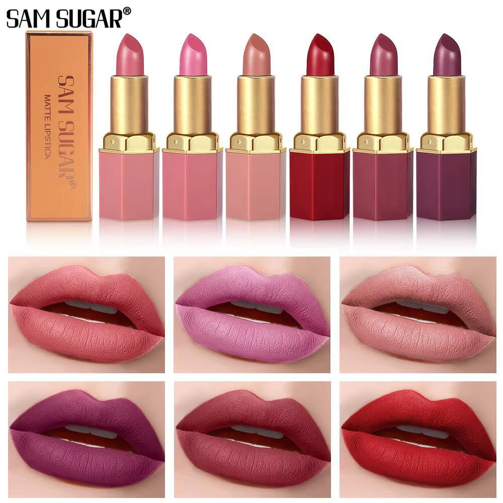 SAM SUGAR 6-Color Lipstick , Non-Stick Cup Long-Lasting Velvet Finish, Smooth Matte Lip Color Waterproof Smudge-proof happy