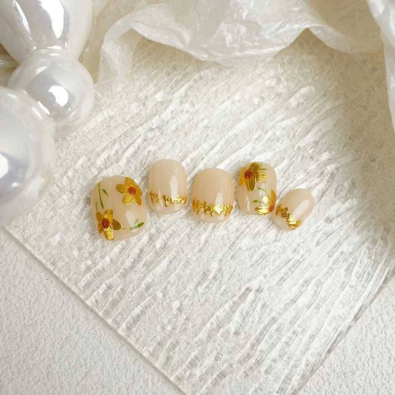 Cute Handmade Press on Nails Golden Korean Fake Nails Round Head Reusable Adhesive False Artifical Nails Manicure Acrylic Tips R250616